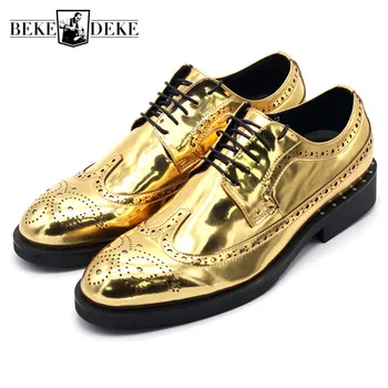 

Runway Golden Mens Wedding Dress Shoes Lace Up Wing Tip Brogue Shoes Top Quality Leather Block Heels Office Party Formal Sapatos
