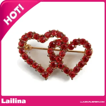 

Retro Red Rhinestone Heart Brooch w/ Double Linked Hearts