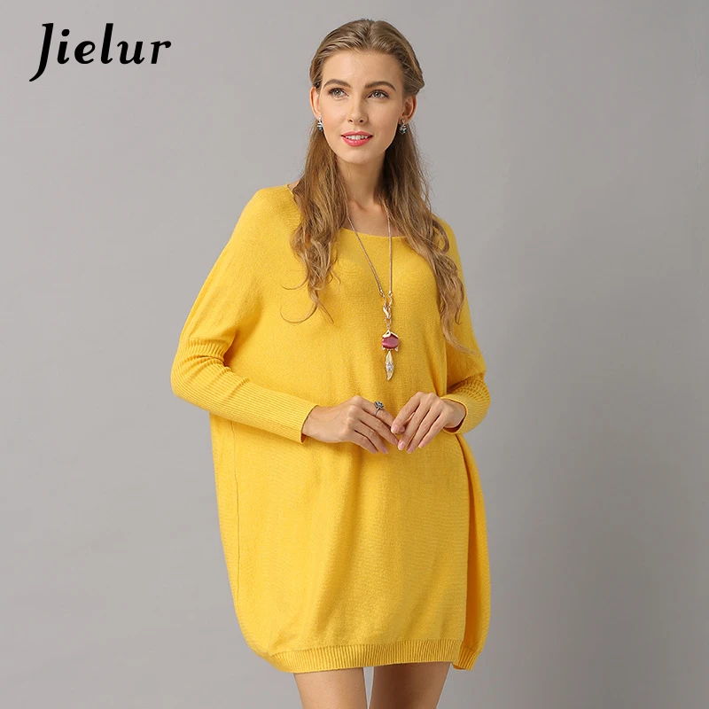 Jielur كبيرة الحجم كم Batwing محبوك كنزة حريمي فضفاض بلون النساء البلوزات و البلوفرات 6 ألوان طويلة سحب فام