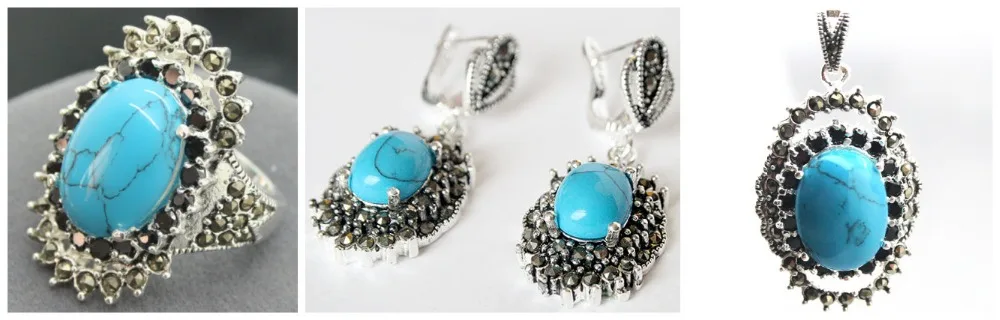 

Vintage Blue Stone 925 Sterling Silver Marcasite Ring (#7-10) pendant and earrings sets 07