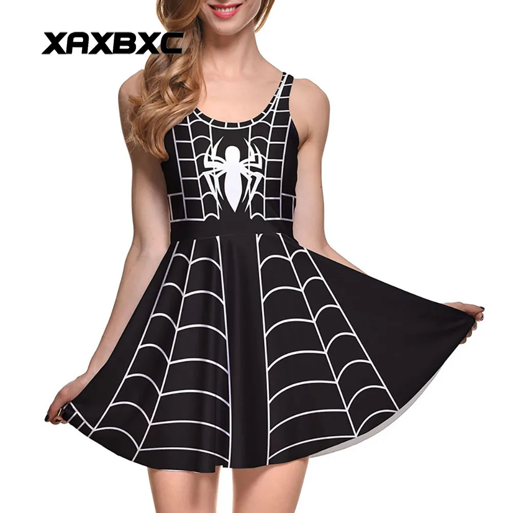 

NEW Arrival 1123 Sexy Girl Women Summer Superhero Black spider-man 3D Print Reversible Sleeveless Skater Pleated Dress Plus size