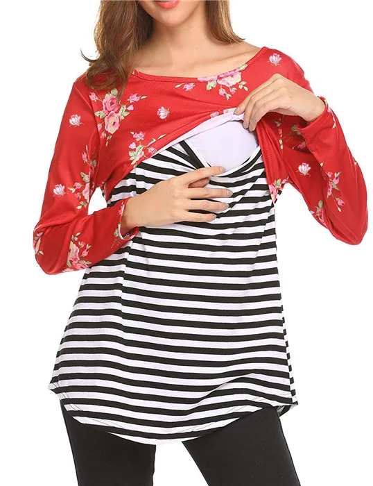 Новый для женщин средства ухода за кожей для будущих мам Одежда Топы для кормления грудью футболки девочек Футболка Цветочный полосатый