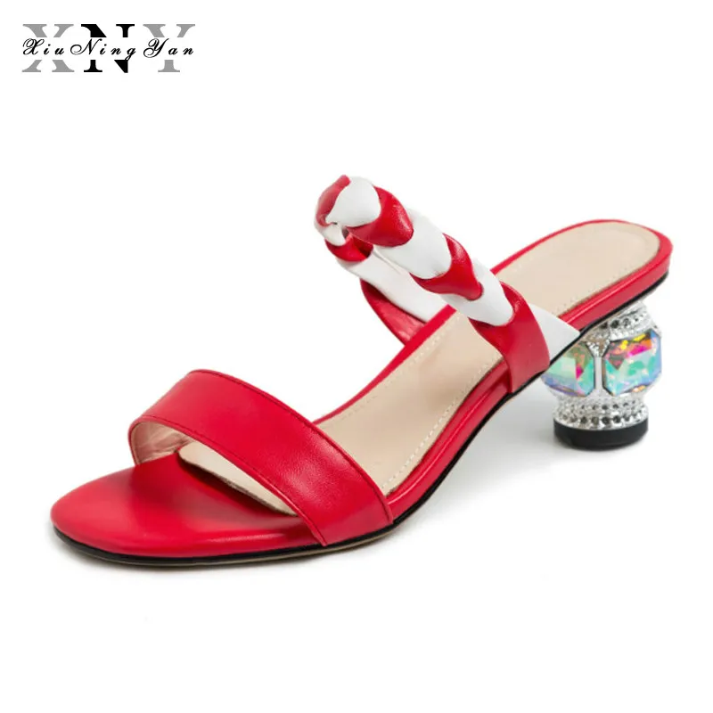 

Women Slippers 100%Genuine Leather 6cm Strange Heels Fashion Slides Open Toe Women's Sandals Red Khaki Ladies Casual Shoes Woman
