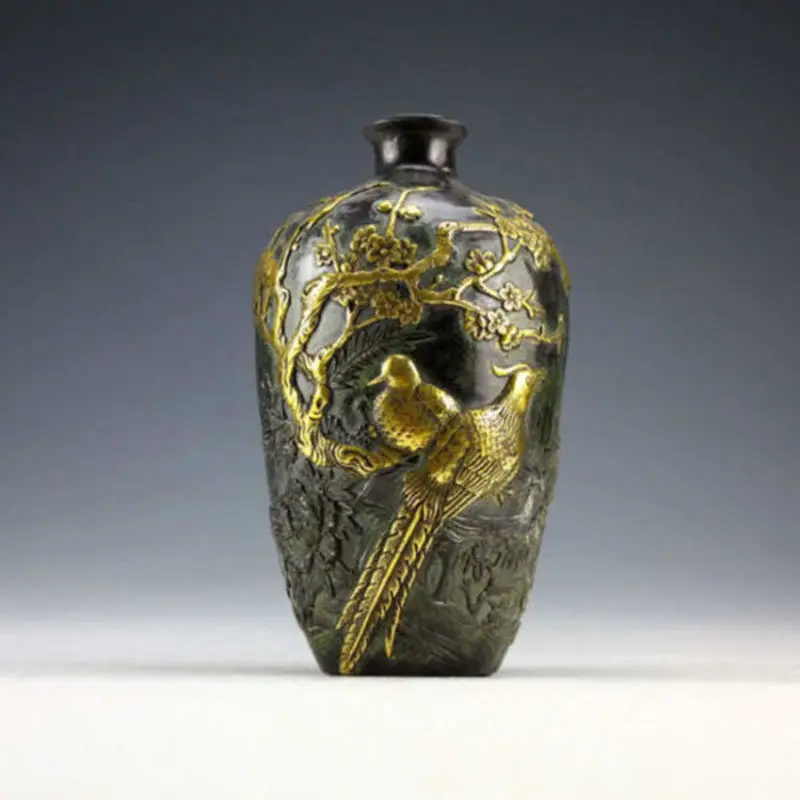 

Chinese Vintage Collection Bronze Statues Gold-plating Flower Bird Vase H7.9inch