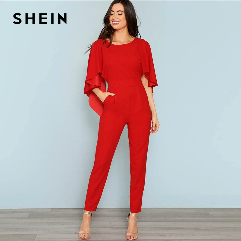 SHEIN красный комбинезон с открытой спиной и открытыми плечами, элегантный эластичный комбинезон с накидкой на рукавах, Женский Осенний комбинезон Highstreet