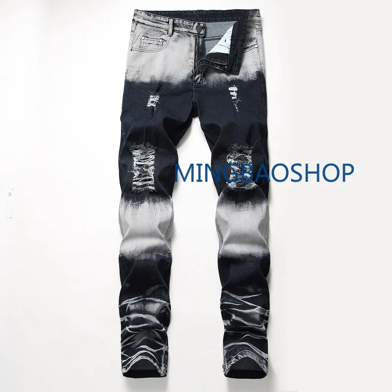 

New Stretch Pant Zipper Decorative Jeans Men's Wear with Holes and White Tide Pants man jeans brand 2019 distressed jeans
