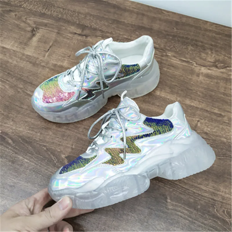 

FeiYiTu Gold Silver New Women's Platform Designer Sneakers Women Transparent Sole Laser Sequin Casual Sneaker Walking Shoes