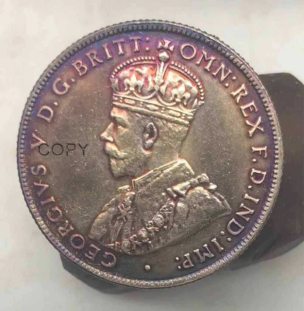 Australia 1 One Florin Two Shillings George V 1935 Crowned Bust Left Brass Silver Plated Copy Coin With Reeded Edge