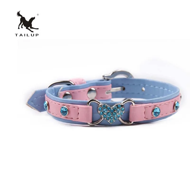 TAILUP Fashion Rhinestone Pet Dog Collars 0.6" Wide PU Leather Adjustable Jeweled Love Necklace
