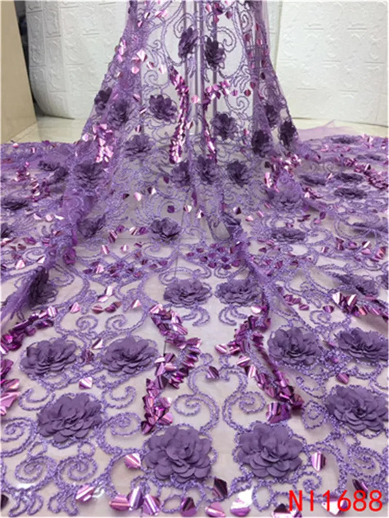 

2019 New style French Net lace fabric 3D Flower African Tulle Mesh Lace Fabric High Quality Sequin African lace NANI1688-1