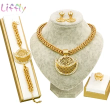African Gold Jewelry Sets for Women Crystal Wedding Jewelry Sets Necklace Earrings Ring Bracelet Hollow Dubai Fashion Jewelry African Gold Jewelry Sets for Women Crystal Wedding Jewelry Sets Necklace Earrings Ring Bracelet Hollow Dubai Fashion Jewelry