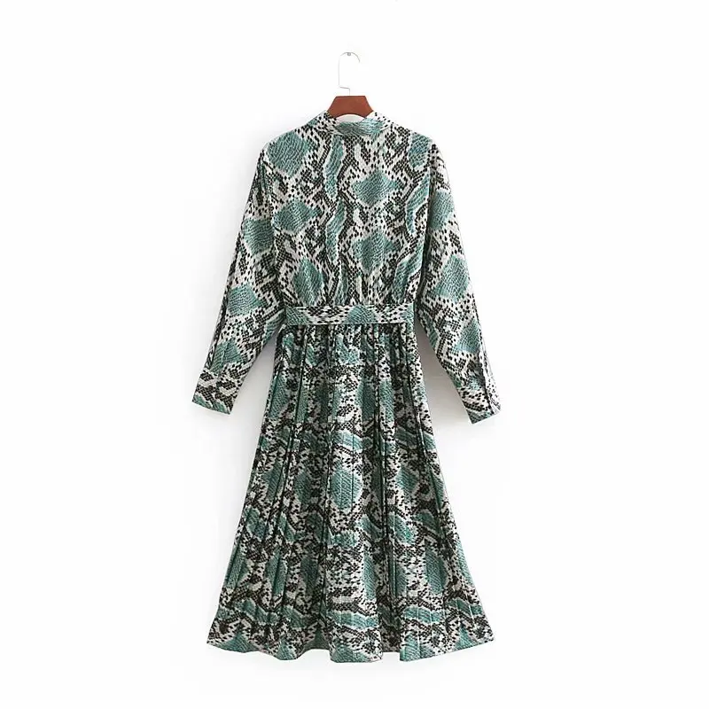 Best 2019 women vintage snake skin print shirtdress bow sashes pleated midi dress female long sleeve vestidos casual dresses DS1907