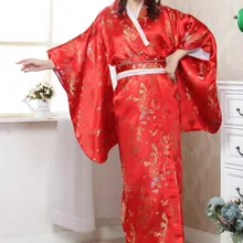 Винтажное красное традиционное японское женское шелковое кимоно с принтом юката банное платье Дракон Феникс узор один размер JK026
