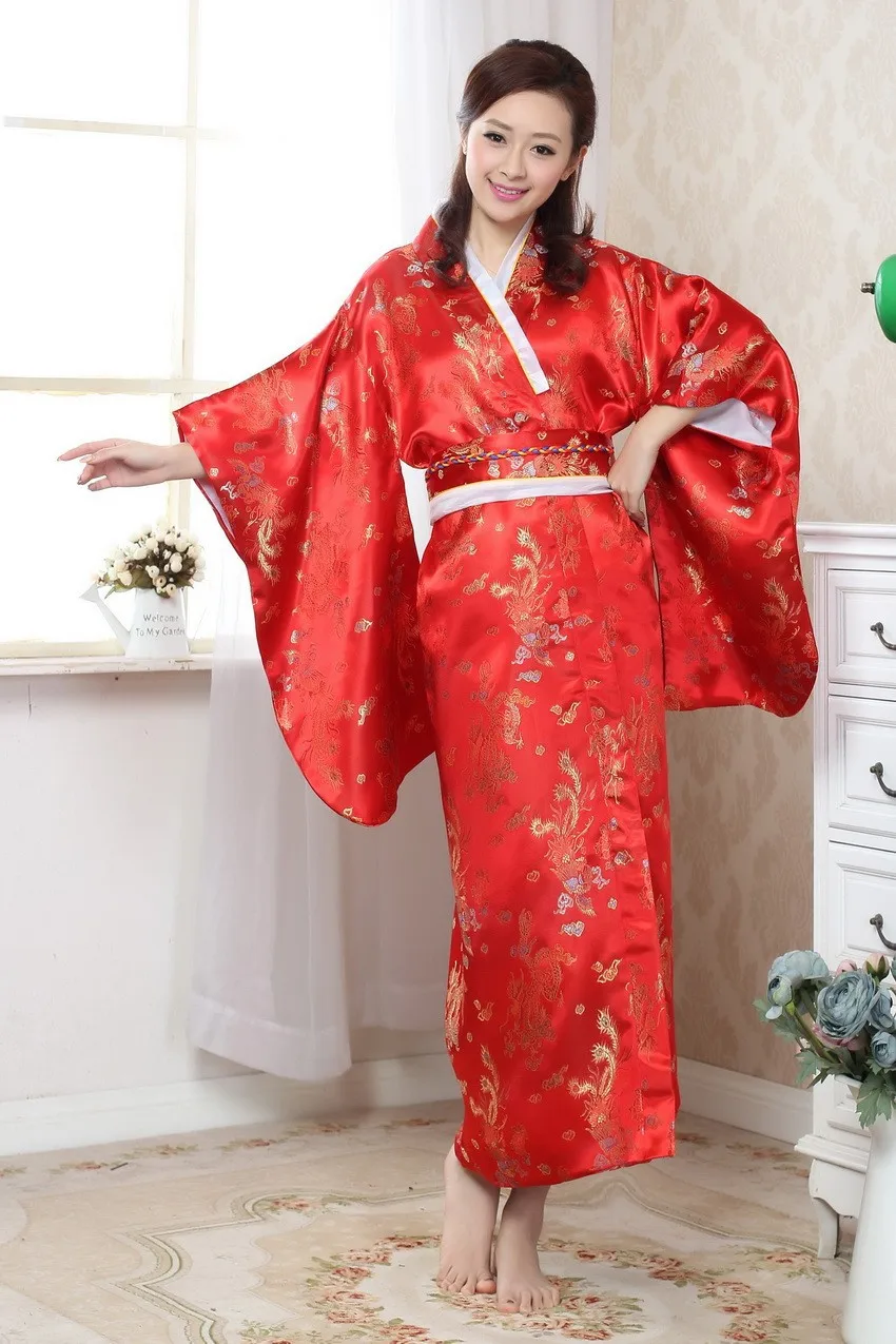 Kimono en soie traditionnelle japonaise Vintage rouge pour femmes