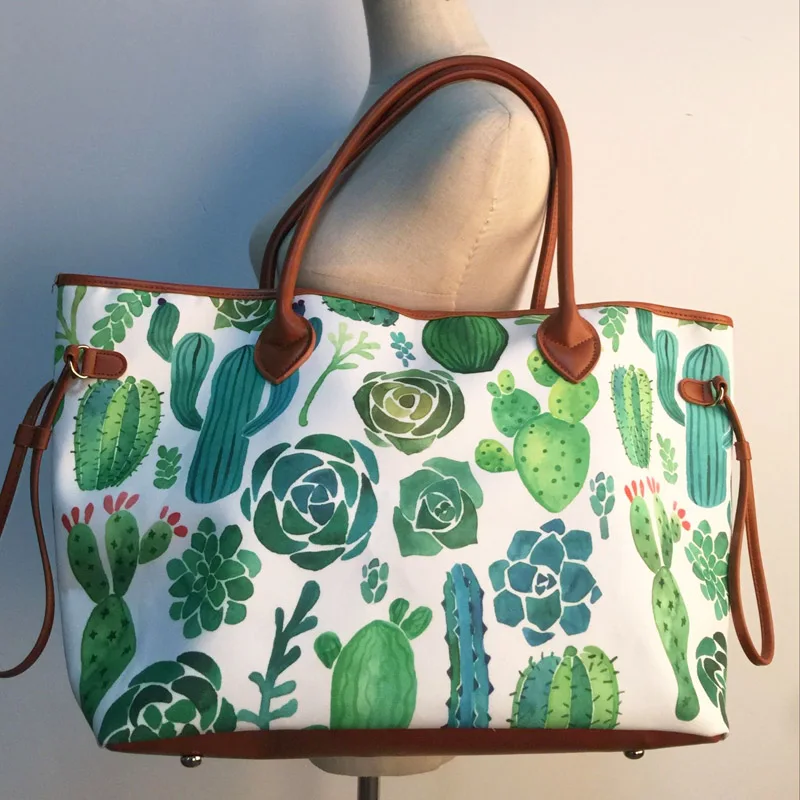 SHEJ Canvas Tote Wholesale Blanks String Cactus Printed Handbag Plant Purse Available in Green ...