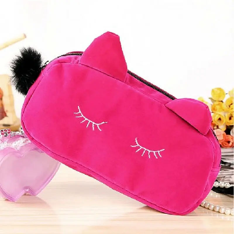 Portable Cartoon Cat Coin Storage Case Travel Makeup Flannel Pouch Cosmetic Bag