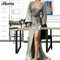 Арабский, серый, высокий каблук Разделение сбоку торжественное мероприятие, v-образная горловина, вечернее платья на заказ Robe De Длинное