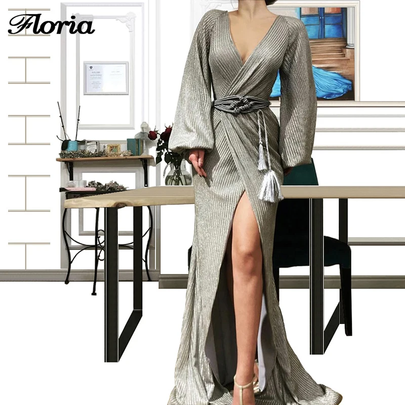 

Arabic Gray High Split Side Formal V Neck Evening Dresses Custom Made Robe De Longue Festa Long Sleeve Prom Dress Party Gown New