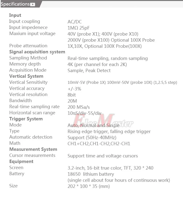 JDS2022A Handheld Oscilloscope portable Oscilloscope 20MHz 2 channels Digital Storage dual channels 200M Sa/s