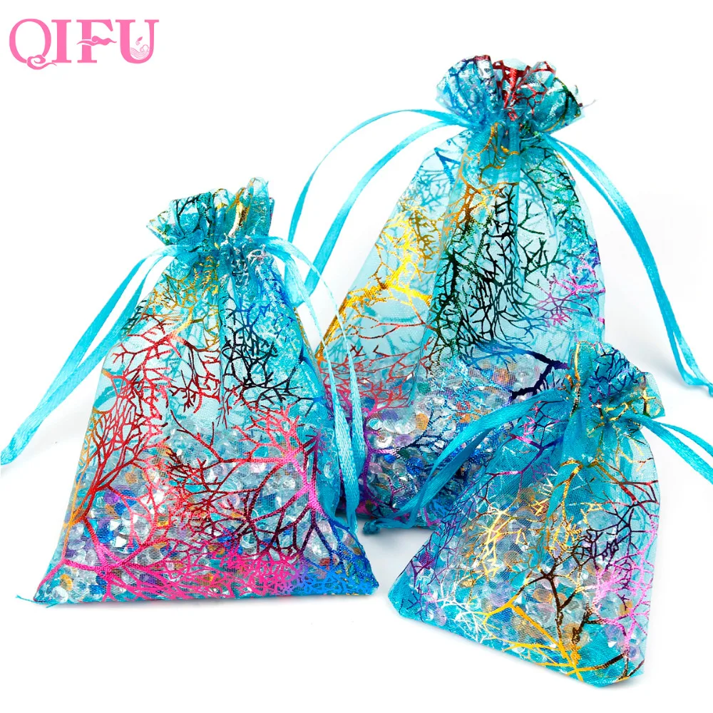 

QIFU 50pcs Coralline Organza Pouch Party Gift Teal Blue Bags Candy Box Jewelry Bag New Year Wedding Birthday Favors Decoration