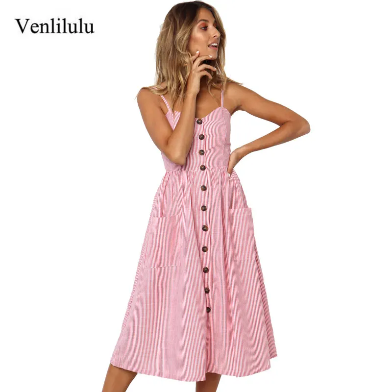 

2019 Summer Elegant Party Dress Women Boho Floral Dress Female Dots Striped Dress Ladies Pocket Midi Backless A Line Beach Dress