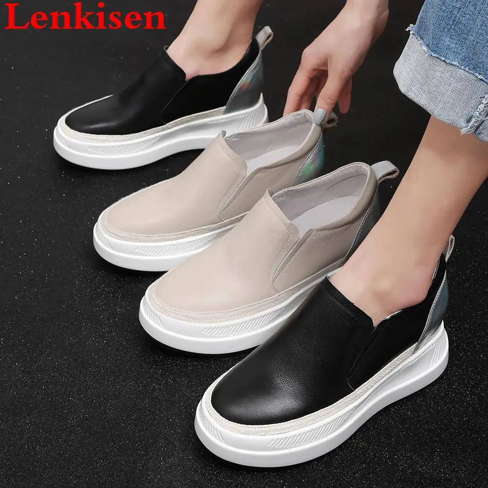 

2019 concise style full grain leather round toe slip on loafers thick bottom streetwear dating increased vulcanized shoes L79