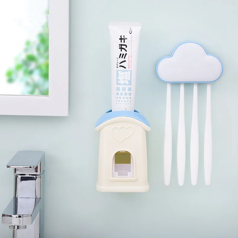 

Wall Mounted Set 4 Toothbrush Holder For Bathroom Accessories Storage Holder And Cartoon Clouds Automatic Toothpaste Dispenser