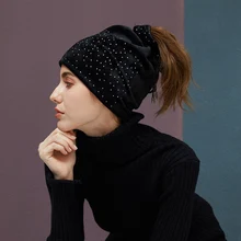 Женская Шапка-бини с хвостиком, Осень-зима, женские Стрейчевые Стразы, теплые женские шапки, брендовая новая чалма, шапка, теплая шапка CP0224