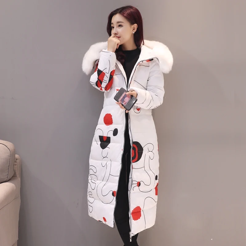

2017 Top Fashion Full Zipper Broadcloth Long Ukraine Winter Women Coat New Slim Thick Removable Printing Parka Collar Jacket