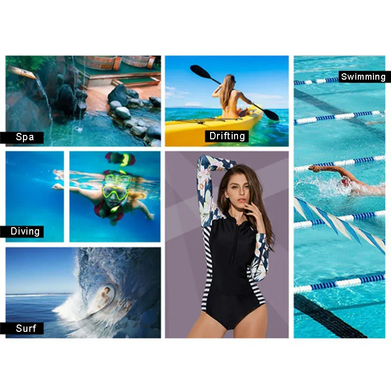 النساء حماية تصفح طفح الحرس السباحة طويلة الأكمام تصفح ملابس السباحة المطبوعة واحدة قطعة ملابس السباحة عالية الرقبة سستة ثوب السباحة