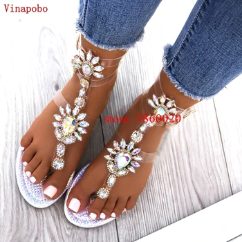 

Vinapobo 2018 shoes woman sandals women Rhinestones Chains Flat Sandals Thong Crystal Flip Flops sandals gladiator sandals 43