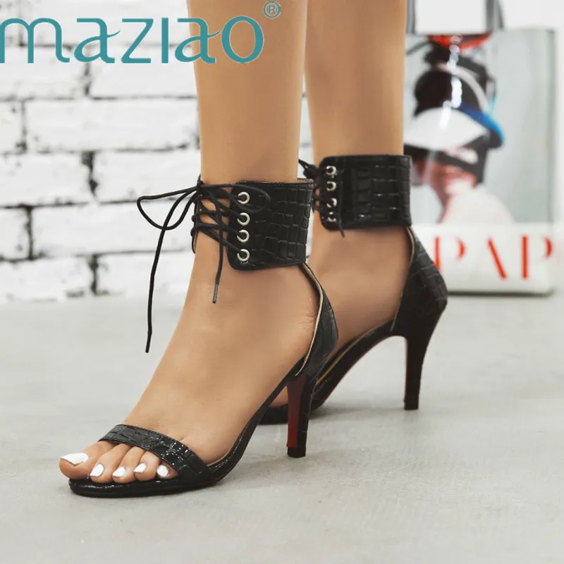 

Gladiator Summer High Heels Sandals Sexy Peep Toe Cross-Strap Shoes Ladies Elegant Pump Dress Sandalias Mujer Snakeskin MAZIAO