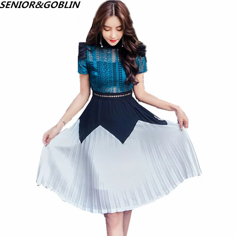 

New High-end Custom Self Portrait Dress Women Runway Lace Patchwork Dress Woman Short Sleeve Chic Pleated Party Midi Dress