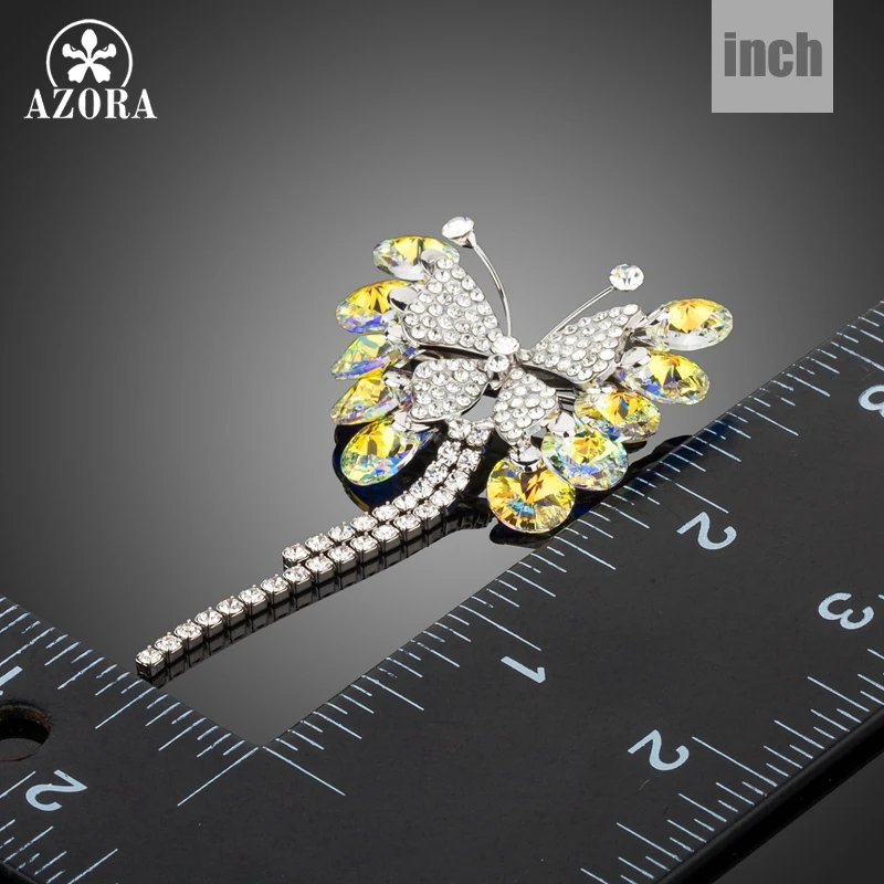 AZORA White Gold Color Full Tiny Czech Rhinestones Set with Round Stellux Australian Crystal Butterfly Pin Brooch TP0048
