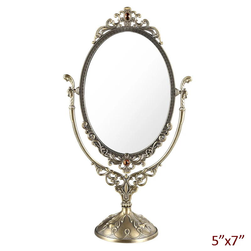 

European Antique Brass with Amber Stones Jeweled 5x7 inches Double-sided x1 Metal Tabletop Swing Comestic Mirror