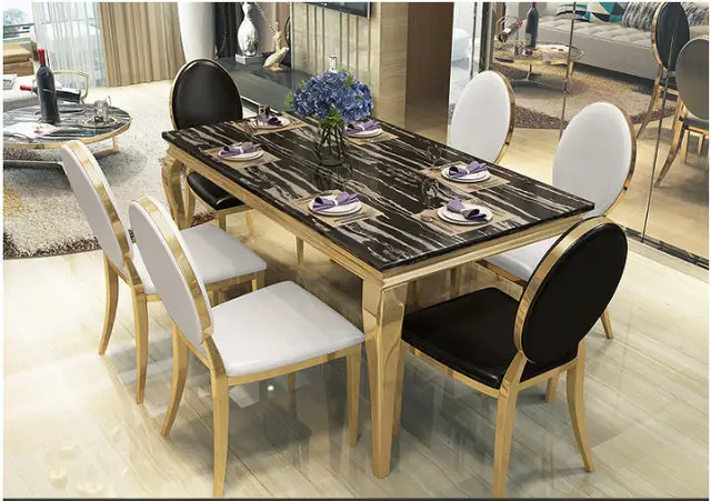Best Price Stainless steel Dining Room Set Home Furniture minimalist modern marble dining table and 6 chairs mesa de jantar muebles comedor Best Price Stainless steel Dining Room Set Home Furniture minimalist modern marble dining table and 6 chairs mesa de jantar muebles comedor
