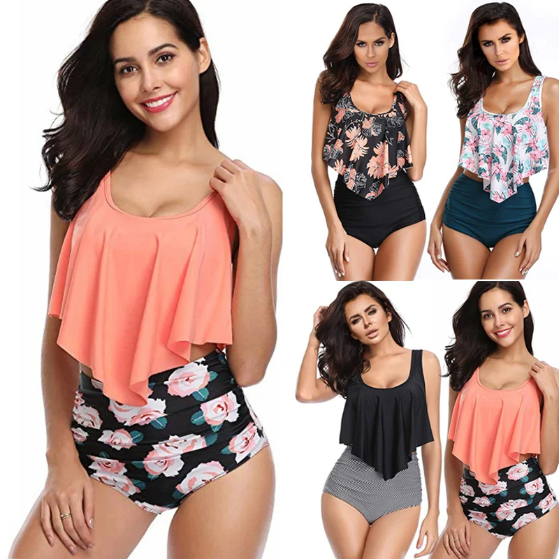 

Newly Women Tops with Pants Swimsuit Print Fast Dry High Elastic Slim Fit Swimwear for Summer FMS19