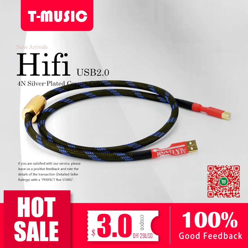 1PCS HiFi Audio Tpye A B 4N Silver plated copper USB Cable W/ Anti