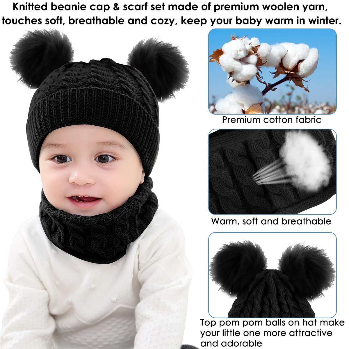 Puseky/зимняя теплая шапка, вязаная шапка с двумя помпонами, шапка для новорожденных мальчиков и девочек, Пушистый головной убор, меховые шапки с помпонами