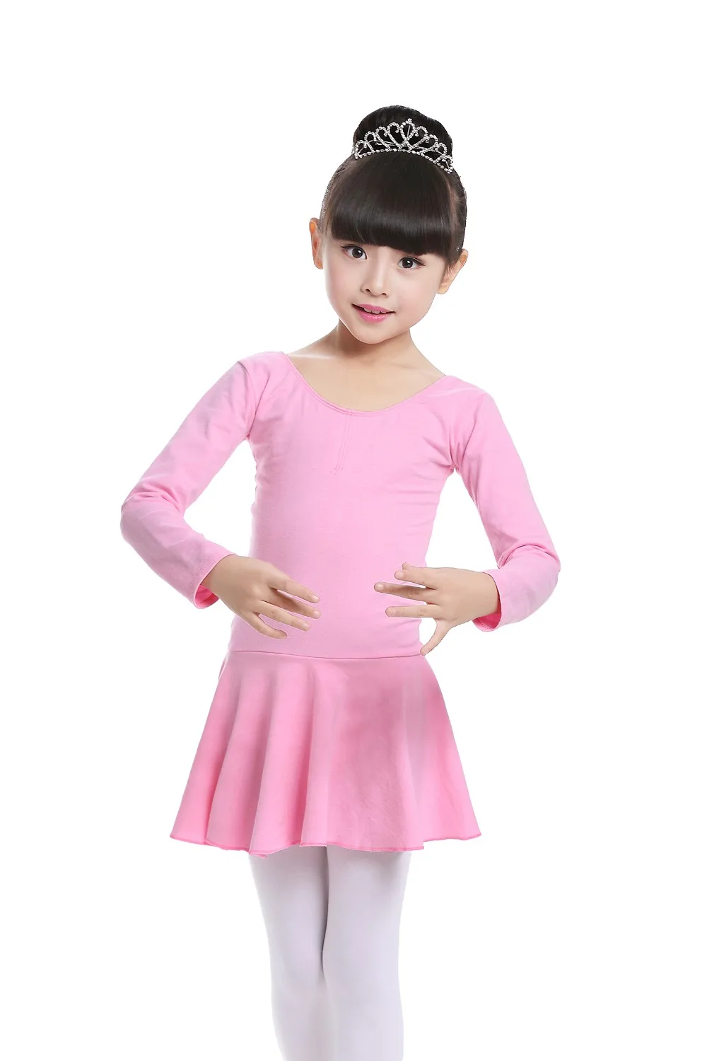 Pink Cotton Formal Ballet Dress for Girls Long Sleeves Shiny Ballet leotard for Dance Kids Gymnastics Professional Tutu Dress (1)