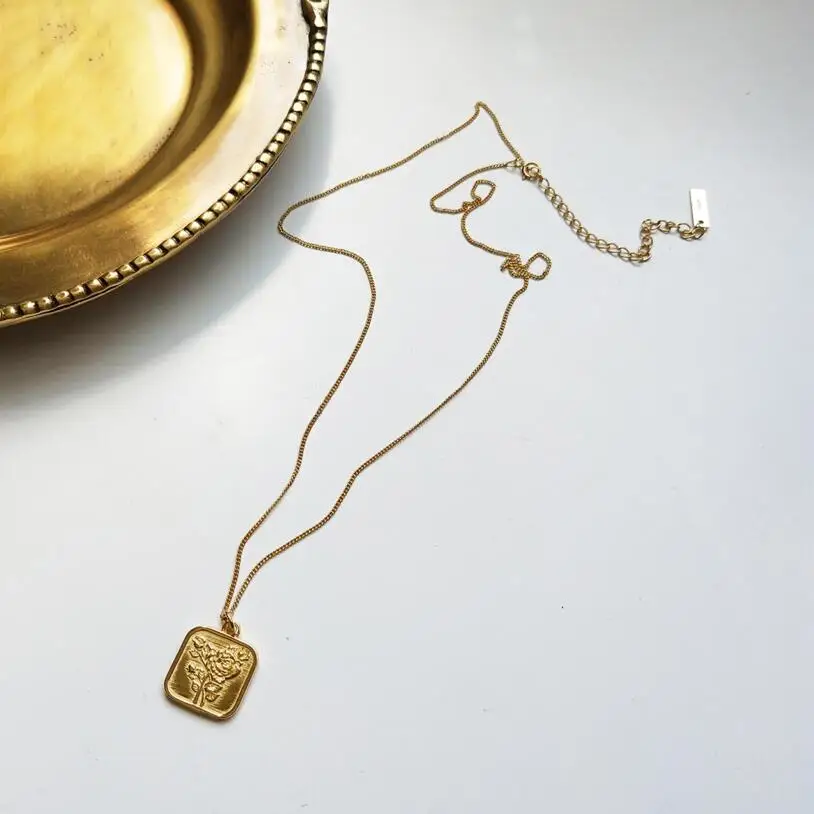 925 пробы Серебряное геометрическое квадратное ожерелье с подвеской в виде цветка для женщин золотого цвета овальное зеркальное колье короткое ожерелье - Окраска металла: flower 55cm