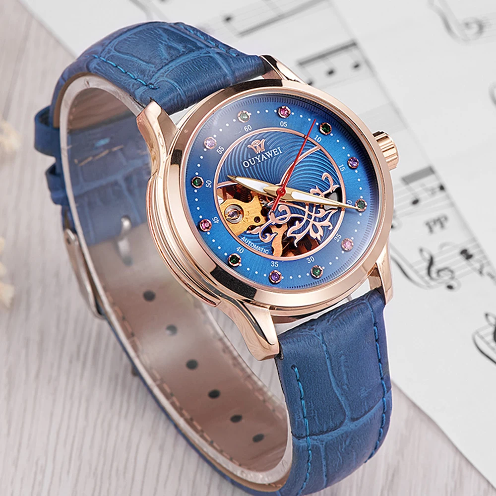 Acheter OUYAWEI Montre Bracelet En Cuir de Femmes Diamant Cadran Squelette Dames Montre Bracelet Automatique Mécanique Relogio Feminino