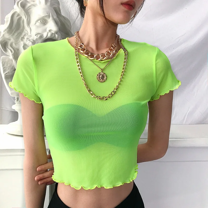

Casual Neon Green Mesh Top Female T-shirt Transparent Solid Short Sleeve Tops 2019 Summer Tshirt Tee Shirt Femme