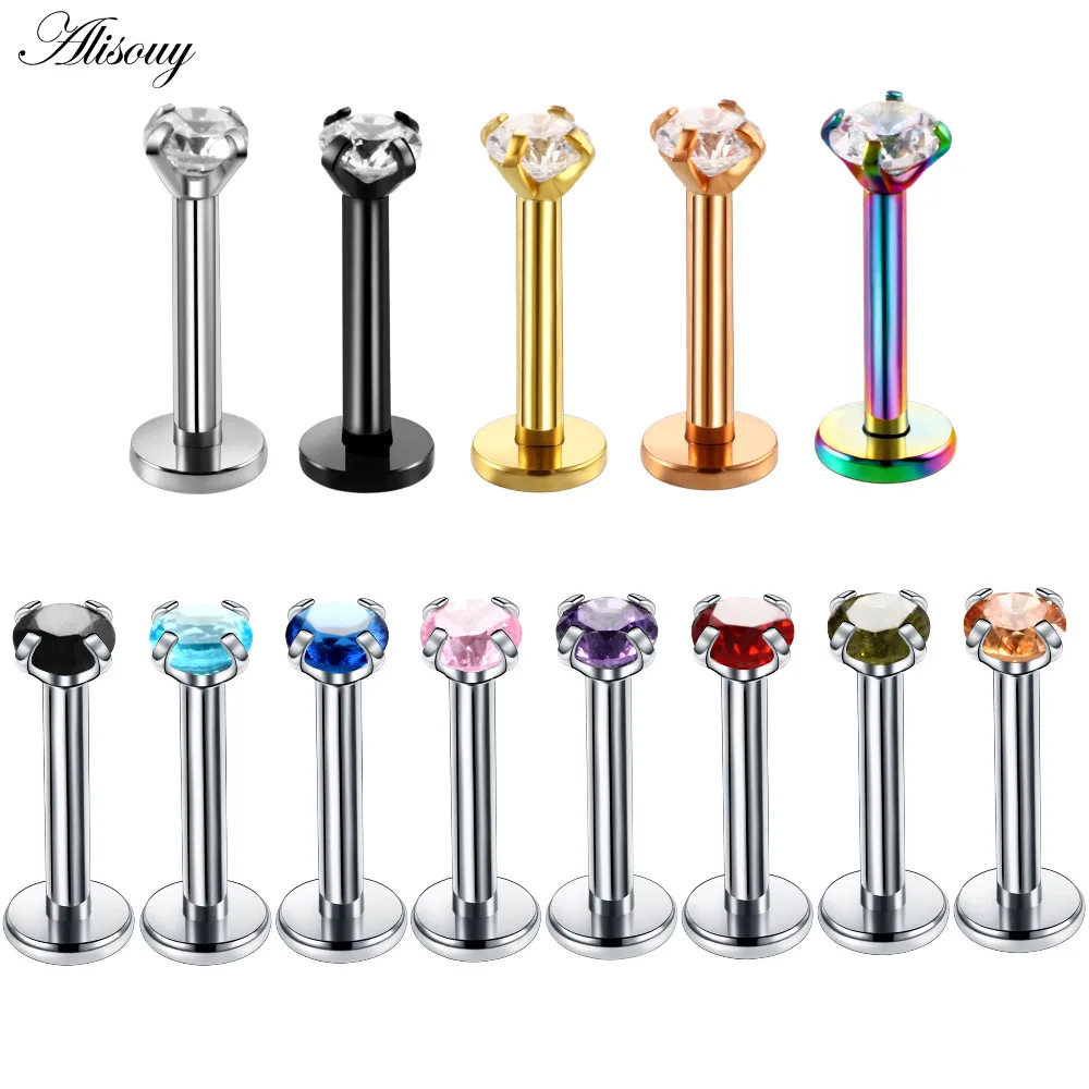 

Alisouy 1Pc Surgical Steel Assorted Colors Zircon Gem Labret Stud Lip Piercing Ear Cartilage Tragus Helix Ring Charming Jewelry