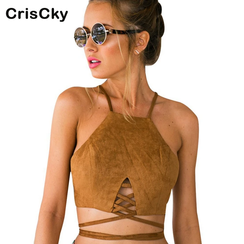 

CRISCKY Hot Sexy Beach Lady Tank Top Womans Halter Sleeveless Bandage Solid Crop Top Women Summer Clubwear Camis Vest Tops