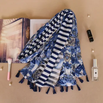 

Tassels scarf printe flower cotton scarves stripe lightweight hijab muslim spring wrap headband long shawls 10pcs/lot
