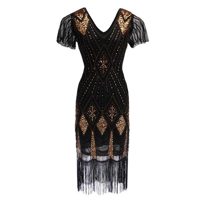 Украшенное в бусинах и пайетках платье vestidos женское 1920s платье с воланами винтажное платье с v-образным вырезом и рукавом-бабочкой длинное платье - Цвет: Черный