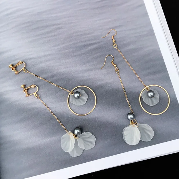 

Asymmetry clip on earrings grey imitation pearl flower clip earring for no ear hole women earrings 2018