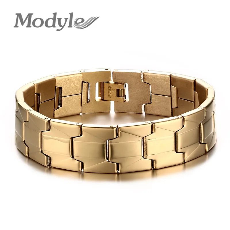 

Modyle New Men's Bracelets Bangles Gold-Color Fashion Stainless Steel 16MM Wide Punk Style Bracelets Men