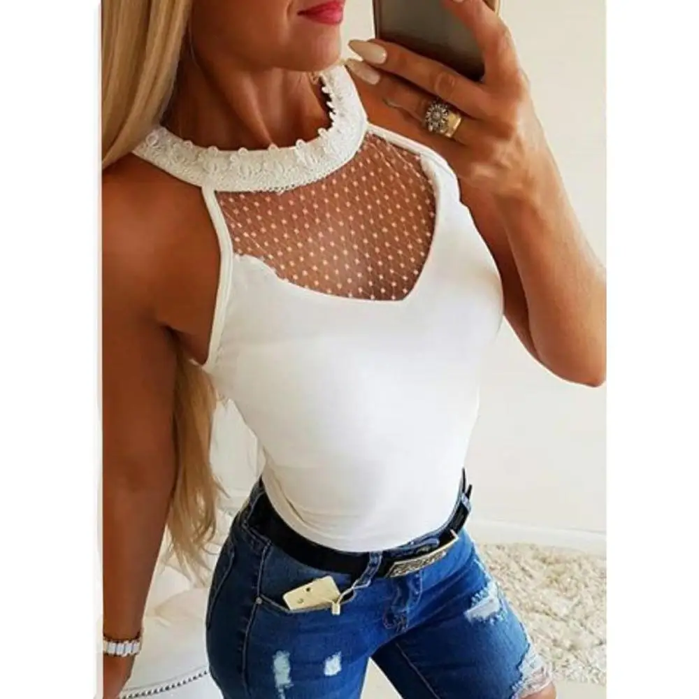 

2019 Fashion Summer Women Top Female Halter Neck Strapless Tank Shirt Sexy Backless Lace Stitching Vest Plus Size top renda L13